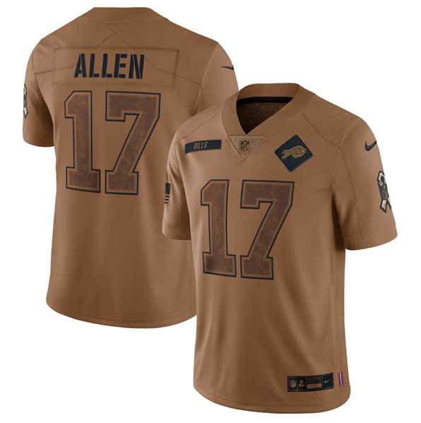 Men's Buffalo Bills #17 Josh Allen 2023 Brown Salute To Service Limited Football Stitched Jersey Dyin